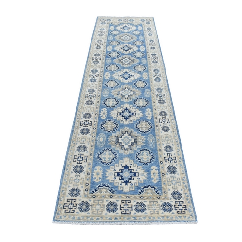 Blue All Over Design Hand Knotted Pure Wool Vintage Look Kazak Runner Oriental 