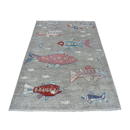 Gray Oceanic Fish Design 100% Wool Afghan Peshawar Hand Knotted Oriental 