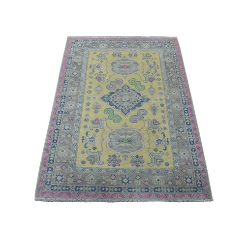 Colorful Yellow Fusion Kazak Natural Wool Hand Knotted Oriental Rug   