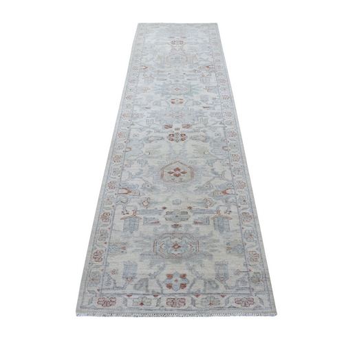 Ivory Washed Out Peshawar Organic Wool Hand Knotted Runner Oriental Rug