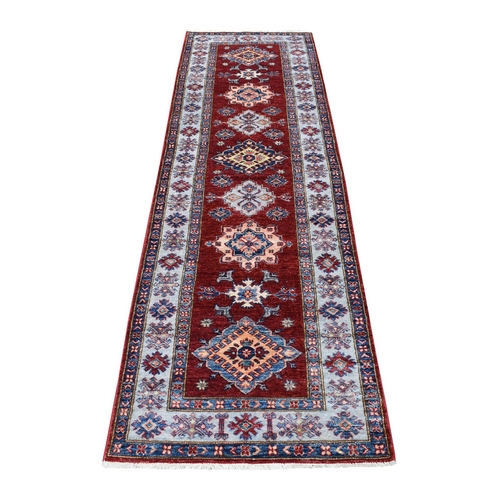 Red Hand-Knotted Geometric Design Super Kazak Pure Wool Oriental Runner 