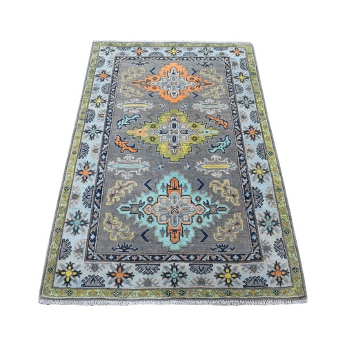 Colorful Gray Fusion Kazak Pure Wool Hand Knotted Oriental 