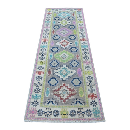 Colorful Gray Fusion Kazak Tribal Design Organic Wool Hand Knotted Runner Oriental 