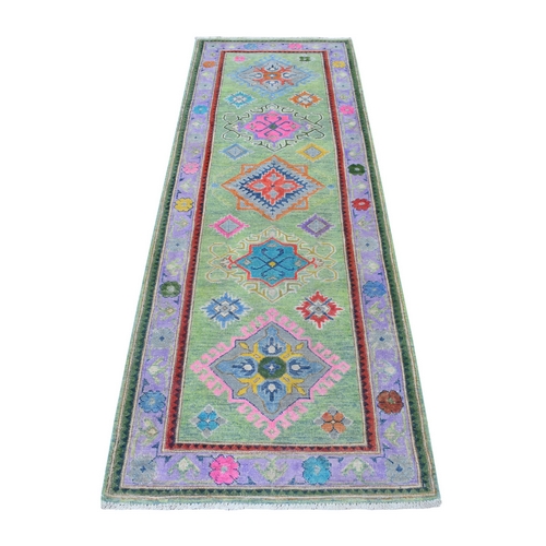 Colorful Green Fusion Kazak Organic Wool Hand Knotted Runner Oriental 