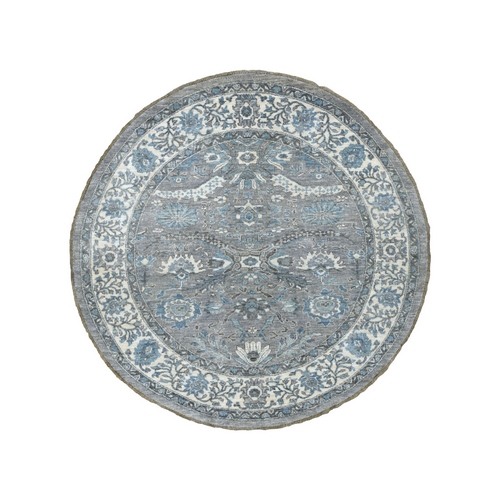 Gray Afghan Peshawar with Ziegler Mahal Design Natural Wool Hand Knotted Round Oriental Rug