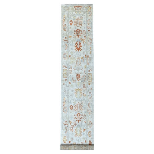 Hand Knotted Ivory Angora Oushak Pure Wool Oriental XL Runner 