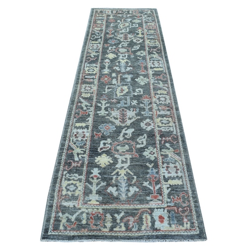 Charcoal Black With Pop Of Color Angora Oushak Soft & Vibrant Wool Hand Knotted Oriental Runner 