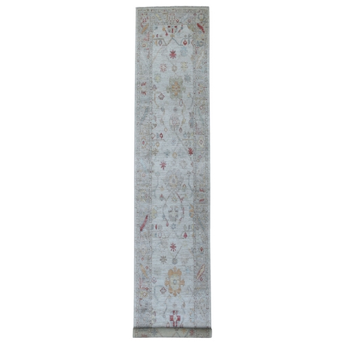 Washed Out Gray Angora Oushak, Soft To The Touch Wool Pile Hand Knotted Oriental XL Runner 