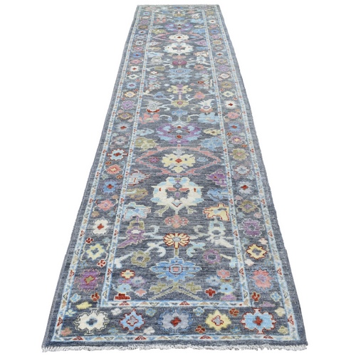 Charcoal Black Angora Oushak With Floral Motifs Soft & Vibrant Wool Hand Knotted Oriental Runner 