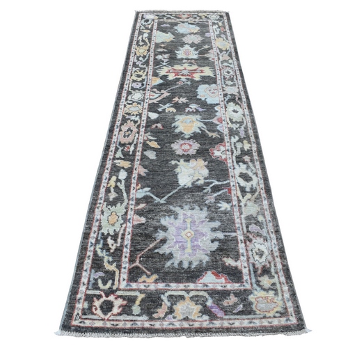Shiny Wool Hand Knotted Charcoal Black Angora Oushak Oriental Runner Rug