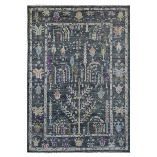 Hand Knotted Charcoal Gray Angora Oushak Willow and Cypress Tree Design Soft Velvety Wool Oriental Rug