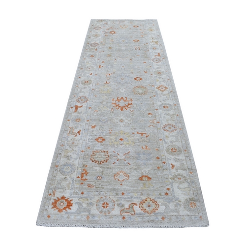 Cream Color Soft and Supple Wool Hand Knotted Angora Oushak Oriental Runner 