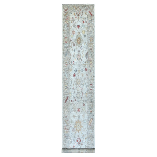 Gray Angora Oushak With Soft Colors Pure Wool Hand Knotted Oriental XL Runner Rug
