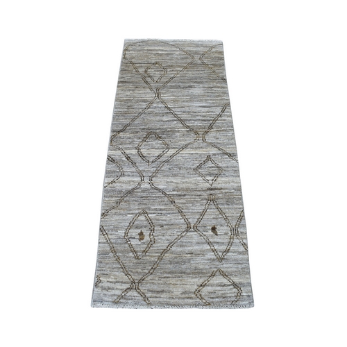 Taupe Hand Knotted Pure Wool Moroccan Berber Boujaad Design Oriental Runner Rug