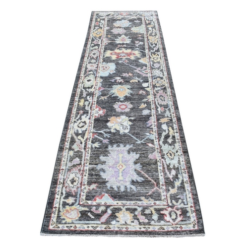 Charcoal Black Angora Oushak With Large Motifs, Soft To The Touch Wool Pile Hand Knotted Oriental Runner 