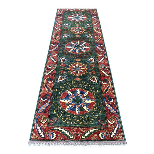 Hand Knotted Green Afghan Turkoman Ersari With Tribal Design Pure Wool Oriental Runner 