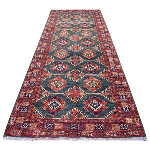 Teal Afghan Ersari With Geometric Design Hand Knotted Pure Wool Oriental Gallery Size Wide Runner 