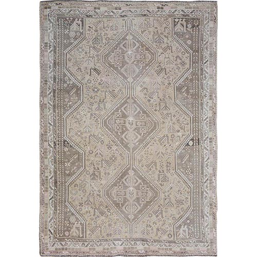 Beige Vintage and Worn Down Persian Qashqai Pure Wool Distressed Hand Knotted Oriental 