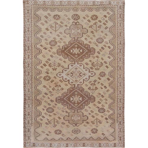 Earth Tones Vintage and Worn Down Persian Shiraz Clean Pure Wool Distressed Hand Knotted Oriental 