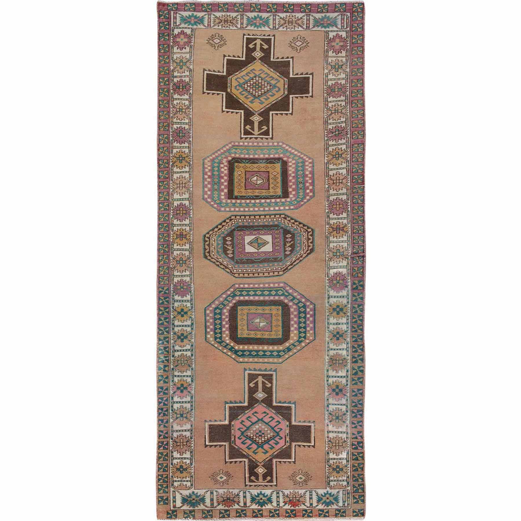 Colorful Vintage and Worn Down Persian Karabakh Distressed Hand Knotted Runner Oriental 