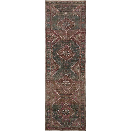 Green Vintage and Worn Down Persian Heriz Distressed Hand Knotted Runner Pure Wool Oriental 