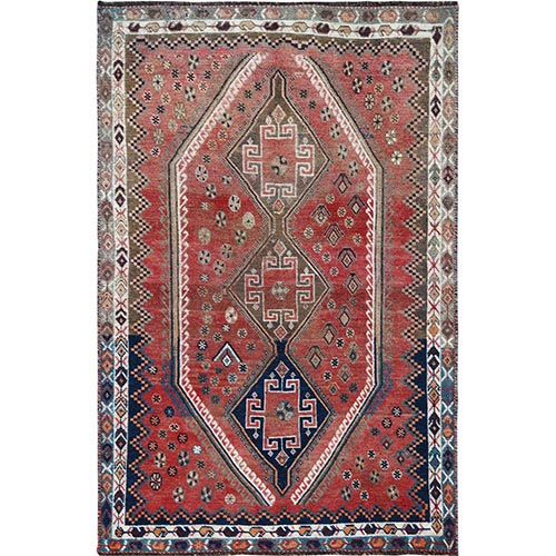 Bohemian Red Old Persian Shiraz Cropped Down Geometric Design Hand Knotted Clean Oriental 