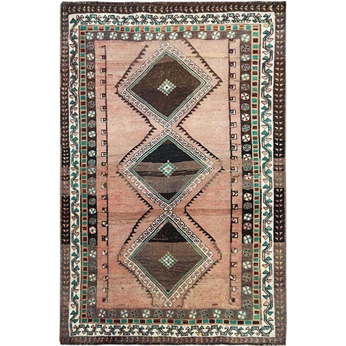 Shades of Brown and Red Semi Antique Geometric Design Worn Down Distressed Hand Knotted Clean Persian Qashqai Oriental 