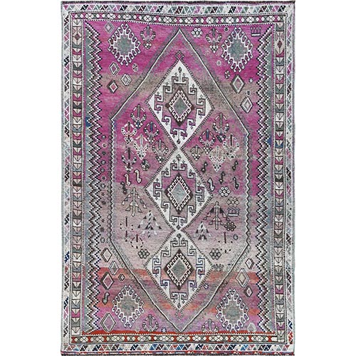 Pink Hand Knotted Persian Shiraz Bohemian Cropped Thin Vintage Clean Organic Wool Oriental 