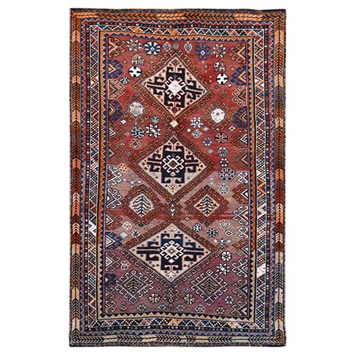 Currant Red, Pure Wool, District Abrash Hand Knotted Persian Shiraz Bohemian Old Sheared Low Clean Oriental 