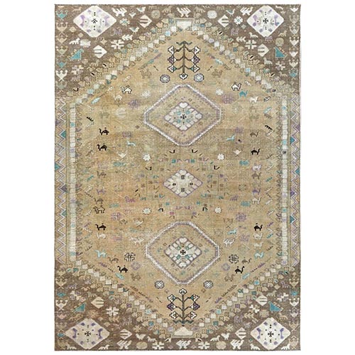 Bohemian Persian Shiraz Pure Wool Beige Semi Antique Distressed Hand Knotted Clean Oriental 