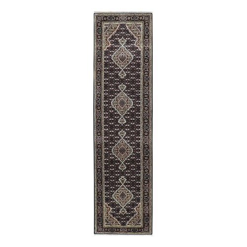 Black Tabriz Mahi Fish Design Wool Runner Hand Knotted Oriental Rug