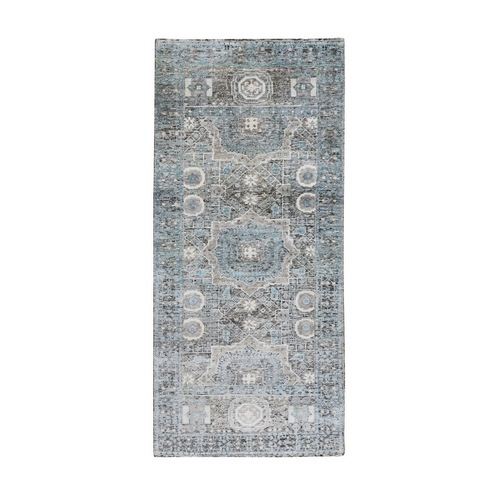 Silk With Textured Wool Hi-Low Pile Mamluk Design Runner Hand Knotted Oriental 