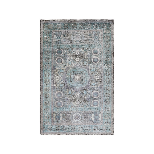 Silk With Textured Wool Hi-Low Pile Mamluk Design Hand Knotted Oriental 