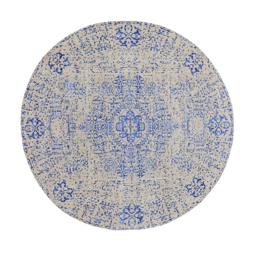 Blue Wool and Silk Mamluk Design Jacquard Hand Loomed Round Oriental Rug