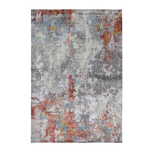 Wool And Silk Abstract With Fire Mosaic Design Hand Knotted Oriental Rug
