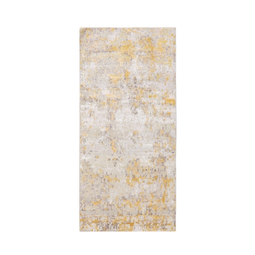 Gold Hi-Lo Pile Abstract Design Runner Wool And Silk Hand Knotted Oriental Rug