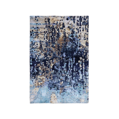 Blue Mosaic Design Wool And Silk Hand Knotted Oriental Rug
