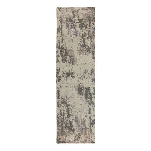 Earth Tones Hi and Lo Pile Abstract Design Wool and Silk Hand Knotted Runner Oriental Rug 