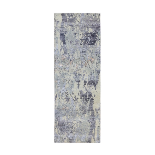 Gray Thick and Plush Abstract Design Hand Knotted Runner Wool and Silk Oriental 