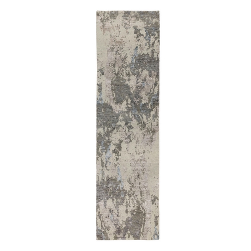 Gray Abstract Design Wool And Silk Runner Hand Knotted Oriental 