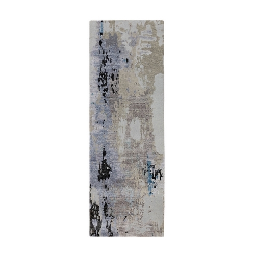 Gray Abstract Design Wool And Silk Runner Hand Knotted Oriental Rug