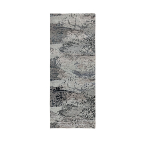 Gray Abstract Design Wool And Silk Runner Hand Knotted Oriental 