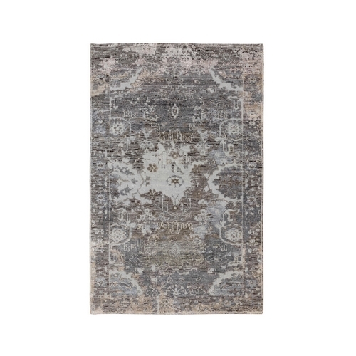 Gray Erased Design Wool And Silk Hand Knotted Oriental Modern 