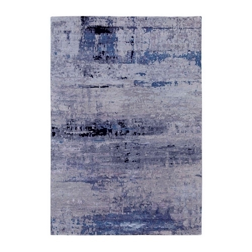 Abstract Design Modern Silver-Blue Hand Knotted Wool & Silk Hi-Low Pile Oriental Rug