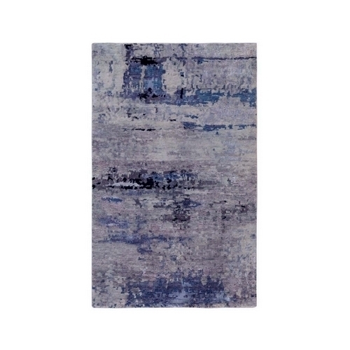 Abstract Design Silver-Blue Modern Hand Knotted Wool & Silk Hi-Low Pile Oriental Rug