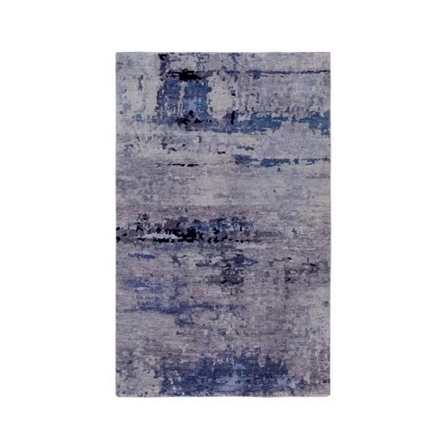 Abstract Design Silver-Blue Modern Hand Knotted Wool & Silk Oriental Rug
