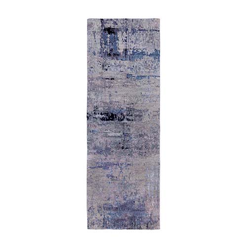 Silver, Blue Wool & Silk Abstract Design Hand Knotted Hi-Low Pile Oriental Runner Rug