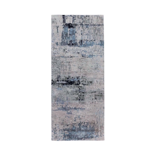 Abstract Design Silver-Blue Hand Knotted Modern Wool & Silk Oriental Runner Rug