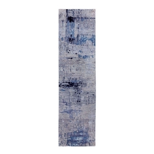 Abstract Design Silver- Blue Modern Hand Knotted Wool & Silk Oriental Runner Rug