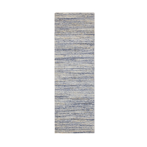 Blue Variegated Textured Design Hand Loomed Runner Pure Wool Modern Oriental 